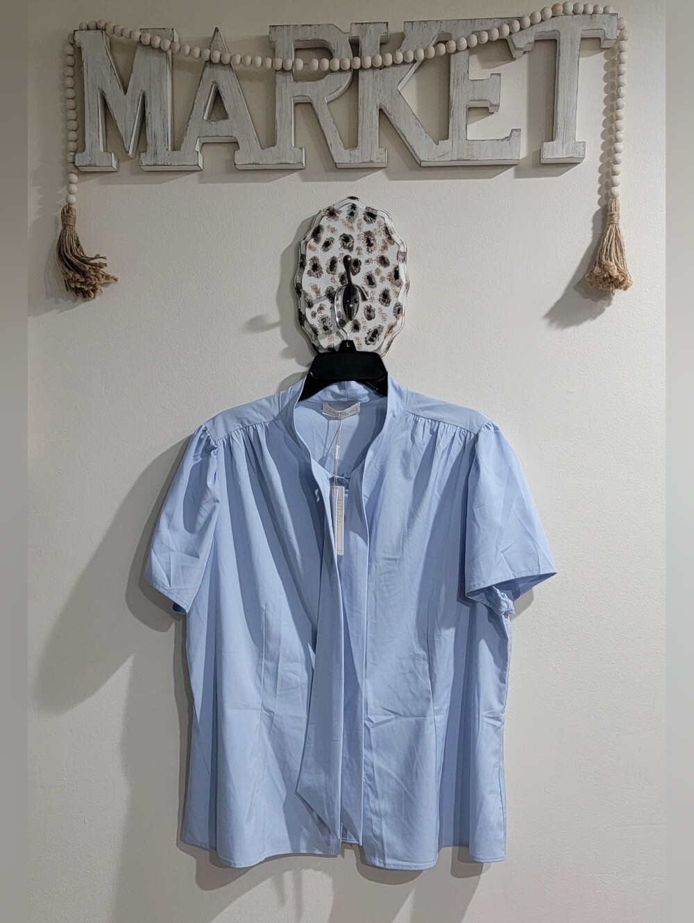 Light Blue Short-Sleeve Tie-Neck Blouse